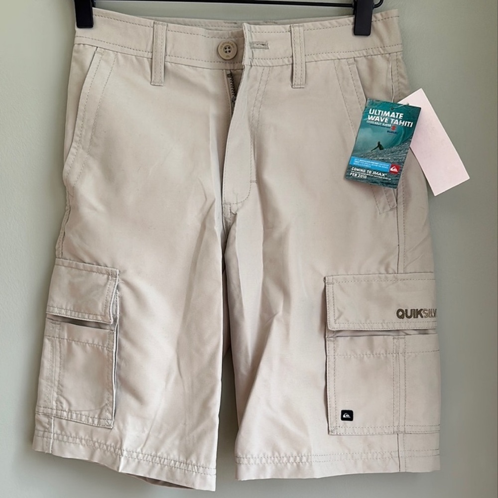 Quiksilver Tan/Green Cargo Shorts Knee Length Snap Close Cargo Pocket Waist 24